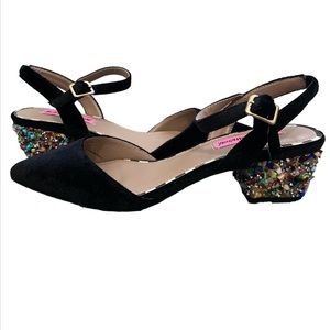New Betsey Johnson Lena Black Velvet Ankle Strap Colorful Rock Candy Heels